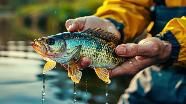 close-up of a fisherman holding a fish in his hands