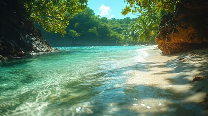 Tranquil tropical beach, turquoise waters lapping a pristine shore. Serenity found.