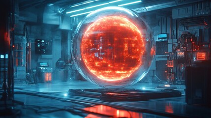 A glowing robotic sphere hovering in a dark futuristic laboratory