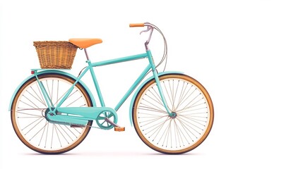 Classic Mint Green Bicycle with Wicker Basket on White Background