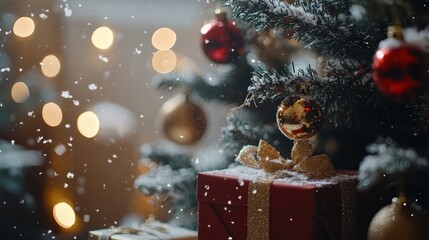 Obraz premium Snowy christmas tree with red and gold ornaments and gift boxes