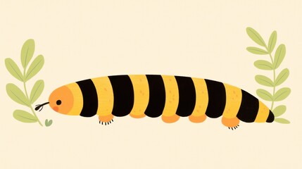 Naklejka premium Larva watercolor concept. Striped Larva Crawling Through Natural Environment