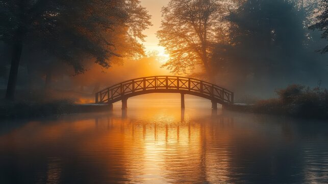 Misty Sunrise: Golden light paints a tranquil bridge and calm water, nature's serene masterpiece.