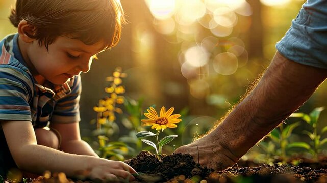 a child with his father plants a sapling