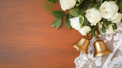 Artistic arrangement of vintage bronze wedding bells with white roses