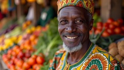 Warm Smiling Guinean Male Vendor in Traditional Attire at Conakry Market, Vibrant Produce Background