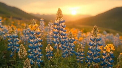 Golden hour paints lupines blue; a breathtaking sunset view.