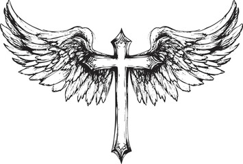 Black and white illustration of a cross with angel wings.