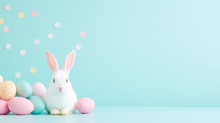 Obraz premium easter bunny with easter eggs - blue studio background. 