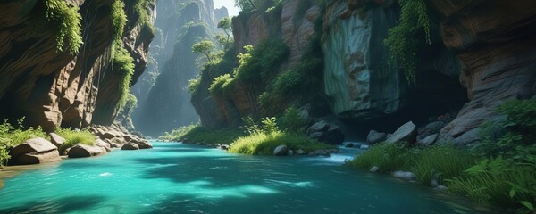 Turquoise water flows through a narrow canyon amidst lush greenery, landscape photography, winding river, outdoor scenery
