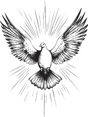 Fototapeta premium Black and white sketch of a dove with outstretched wings symbolizing peace.