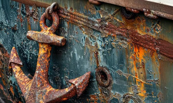 Rusty anchor on weathered ship's side with flaking paint