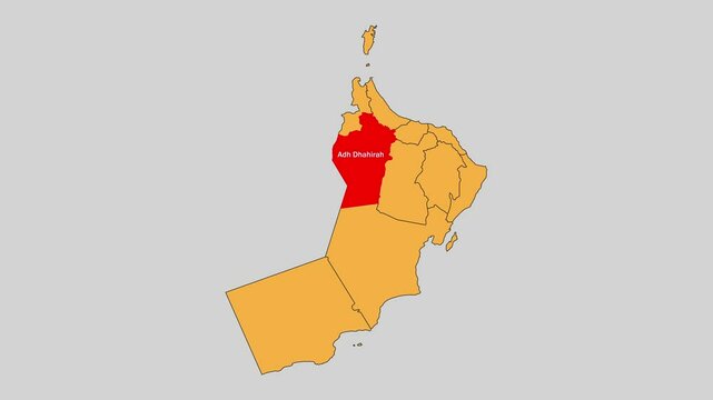 Adh Dhahirah map animated video. The location is highlighted on the Oman map. Colour map with Gray background in video format.	
