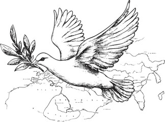Obraz premium Illustration of a dove carrying an olive branch over a map outline.
