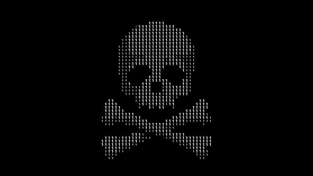 Binary code with skull and crossbones icon. Computer virus or internet hacking concept. Transparent background. 4K resolution.