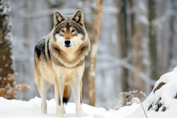 Fototapeta premium A gray wolf standing majestically in a snowy forest setting.