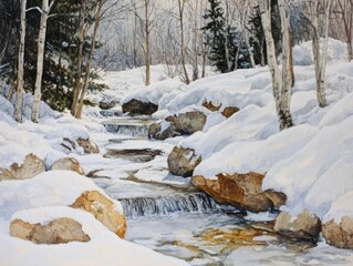 Winter Waterfall Scene in a Snowy Forest