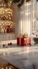 Luxury holiday gifts with pine accents and red gold decor