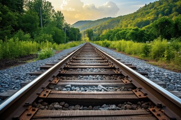 Fototapeta premium A scenic view of railway tracks stretching into the distance surrounded by lush greenery and mountains.