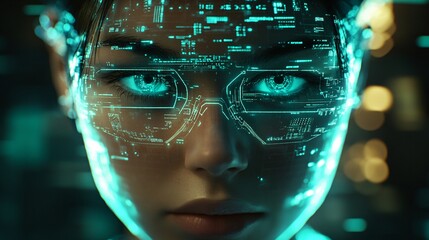 A glowing AI robotic control room filled with holographic interfaces