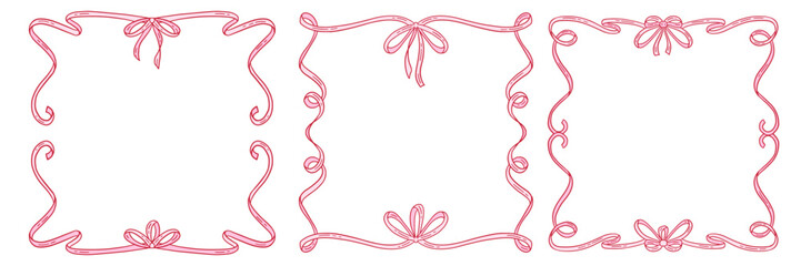 Coquettish elegant decorative frames set featuring a thin ribbon bow design with flowing hand drawn contours. Vector flat illustration for invitations, cards, and artistic projects