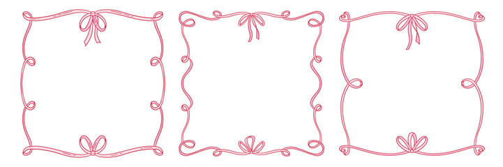Coquettish girly decorative frames set featuring a ribbon bow design with flowing hand drawn contours. Vector flat illustration for invitations, cards, and artistic projects