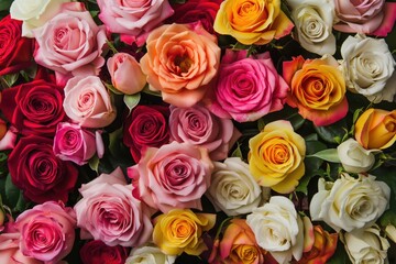 Naklejka premium A vibrant display of assorted roses in various colors and sizes.