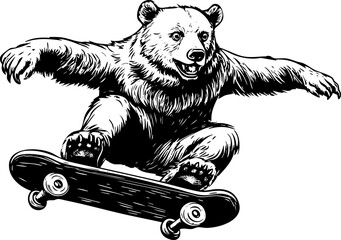 Bear skateboarding in a dynamic black and white illustration.