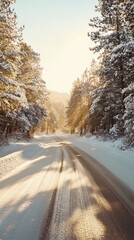 Obraz premium Winding snowy mountain road through evergreen forest