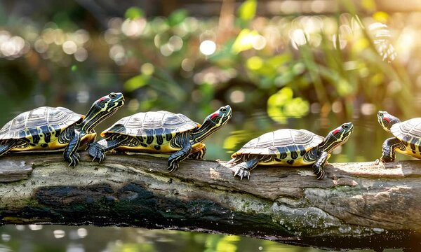 Four turtles basking on log in sunlight with blurred natural background