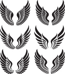 Set of 6 Wing silhouette line or clip black and white vector art illustration