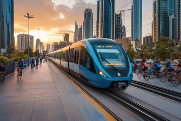 Modern tram passing through a vibrant urban area at sunset with cyclists and pedestrians sharing the street