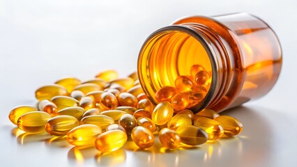 Yellow gel capsules spilled from orange prescription bottle, health concept.