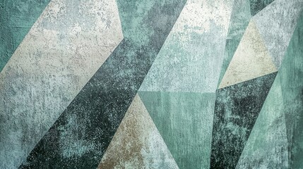 Vibrant angular shapes in shades of sage green grace a textured surface, creating an intriguing interplay of light and shadow. This modern composition sparks creativity and visual delight