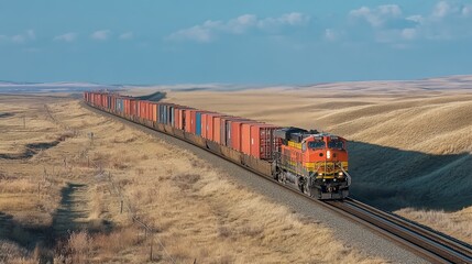 Fototapeta premium Freight train transportation rural plains photography open landscape side view industrial concept