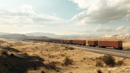 Freight train journey through desert landscape remote location scenic view transportation concept