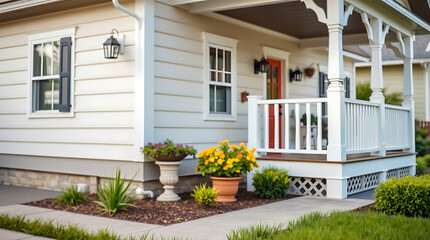 Obraz premium Exterior View of House with Porch, Landscaping, and Red Door