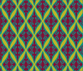 The image features colorful geometric patterns with diamond shapes filled with traditional ornamental designs. The contrast between the background and details creates an artistic and modern impression