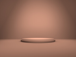 Podium or pedestal on background with round stand concept. Stage with spotlight. Blank product shelf. Mocaccino color. 3D rendering.