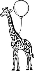 Naklejka premium Whimsical giraffe holding a balloon in black and white illustration.