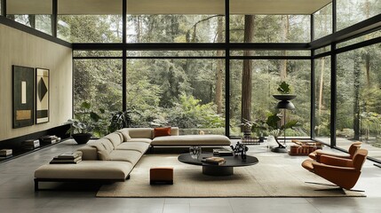 Modern living room with sectional sofa, large windows, and forest view.