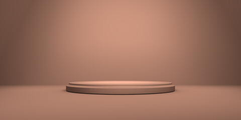 Podium or pedestal on background with round stand concept. Stage with spotlight. Blank product shelf. Mocaccino color. 3D rendering.