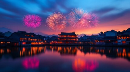 Vibrant Fireworks Lighting Up Serene Chinese Water Town at Twilight