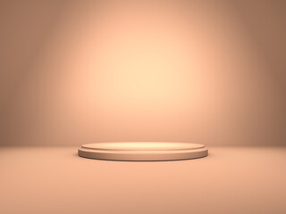 Podium or pedestal on background with round stand concept. Stage with spotlight. Blank product shelf. Peach color. 3D rendering.
