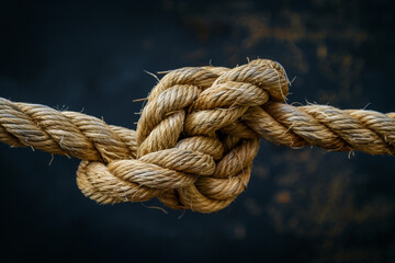 A rope tied in a knot, its rough fibers contrasting with the smooth, dark background.