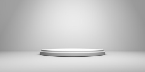 Podium or pedestal on background with round stand concept. Stage with spotlight. Blank product shelf. White color. 3D rendering.