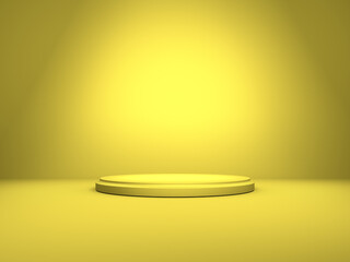 Podium or pedestal on background with round stand concept. Stage with spotlight. Blank product shelf. Yellow color. 3D rendering.