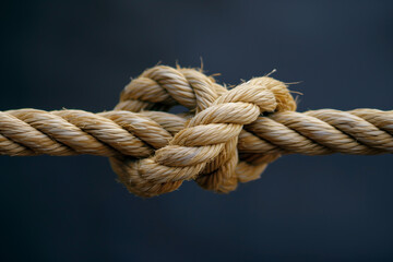 A rope tied in a knot, its rough fibers contrasting with the smooth, dark background.