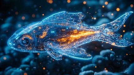 A futuristic robotic fish swimming in a glowing underwater habitat