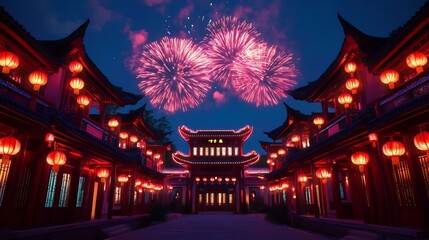 Fototapeta premium Spectacular Fireworks Display Over Traditional Chinese Courtyard Architecture at Night
